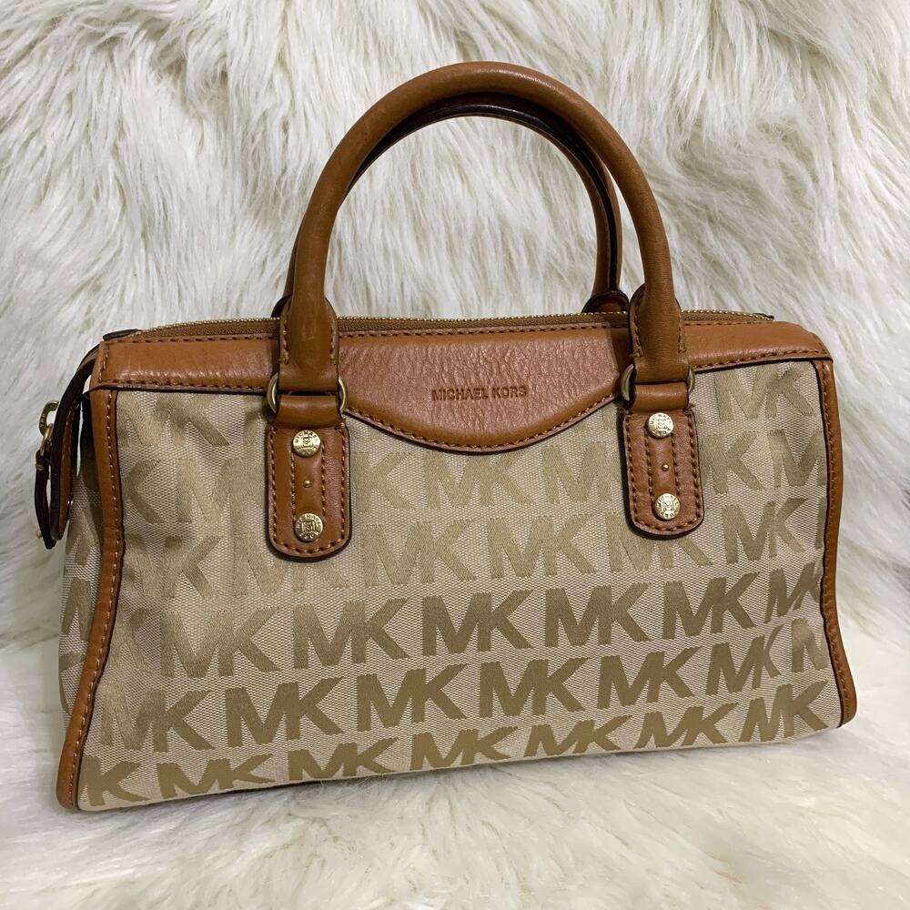 MICHAEL KORS Light Khaki Canvas Acorn Leather Trim Vintage Satchel MINT COND!